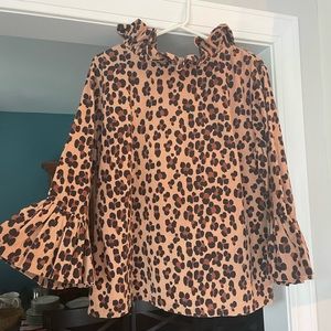 Elizabeth Wilson Top Leopard Print Corduroy High Ruffle Neckline Flare Sleeve